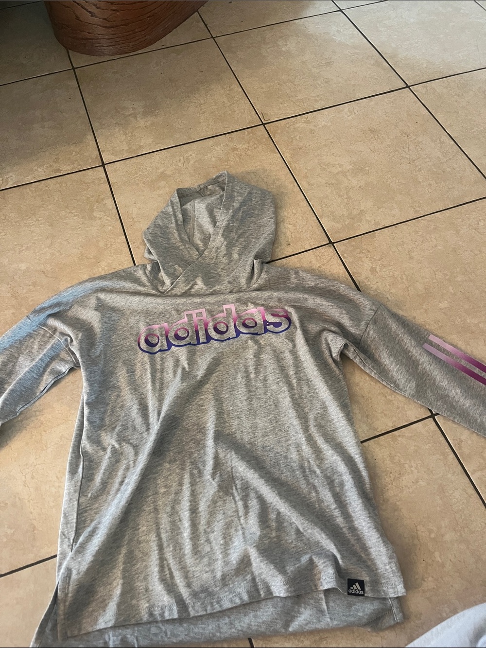 adidas Gray Hoodie with Pink and Purple Logo and Sleeve Stripes